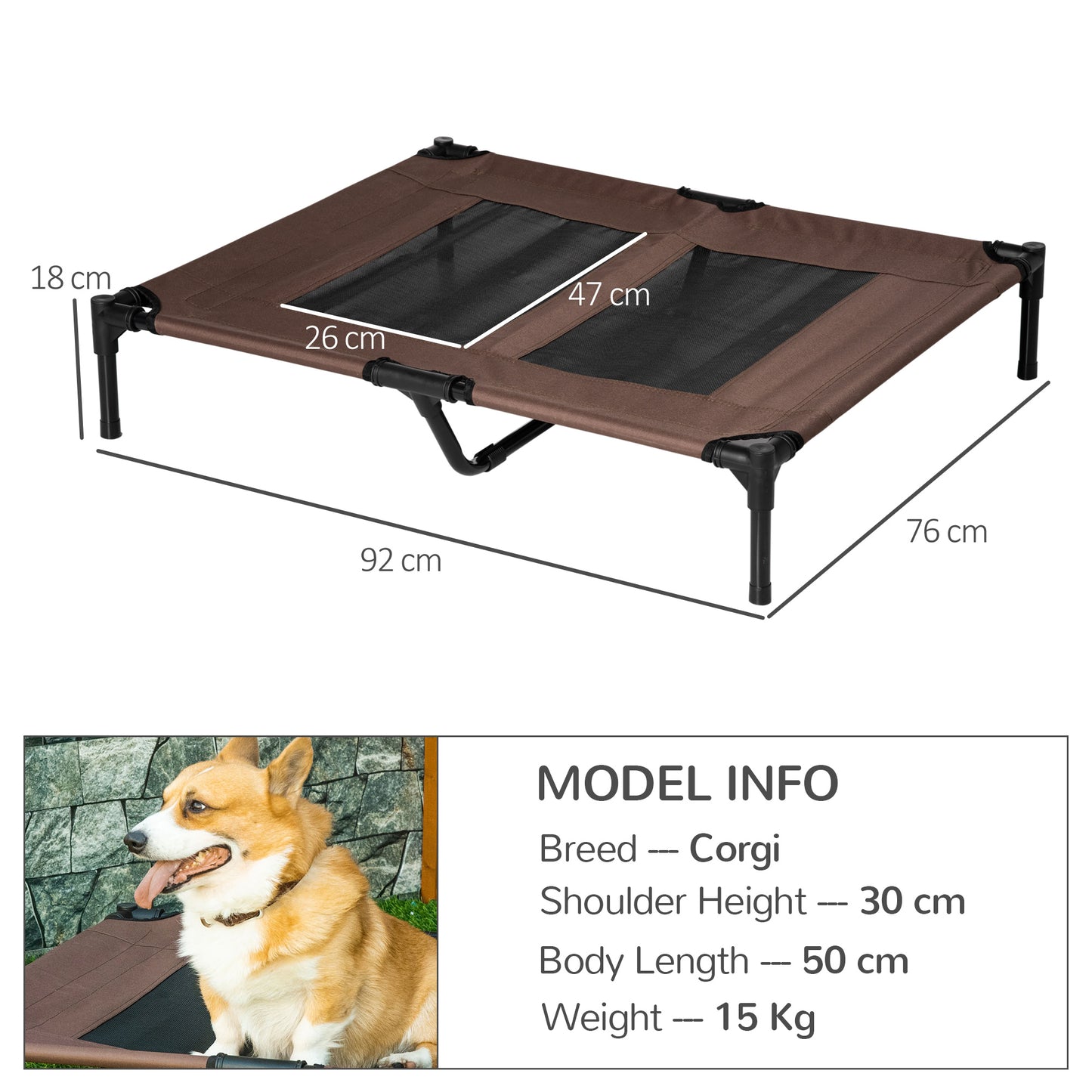 91.5Lx76.2Wx18H cm Elevated Pet Bed-Brown/Black Frame