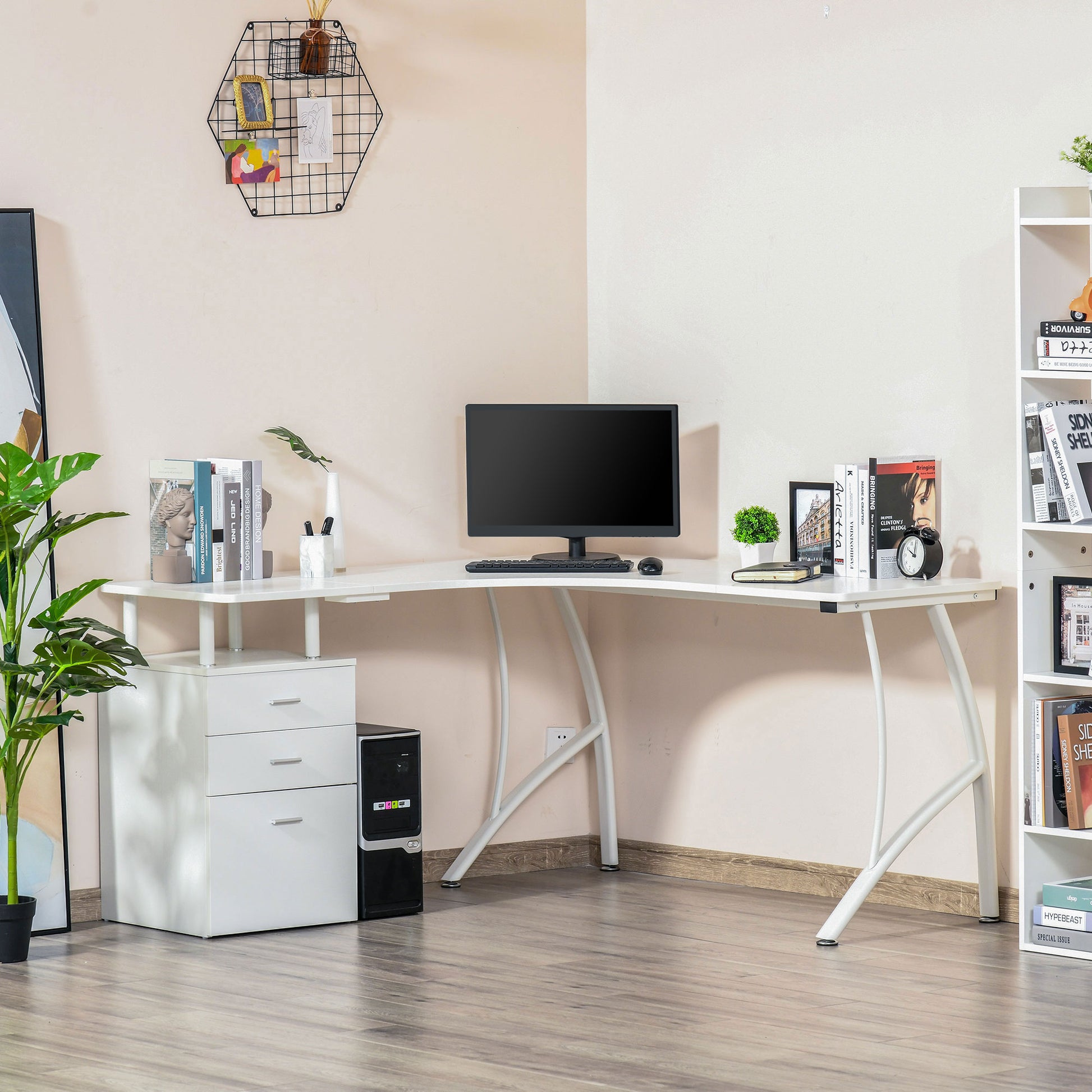 HOMCOM L-Shaped Office Desk w/ Storage Drawer Home Office Corner Industrial Style Workstation, White 