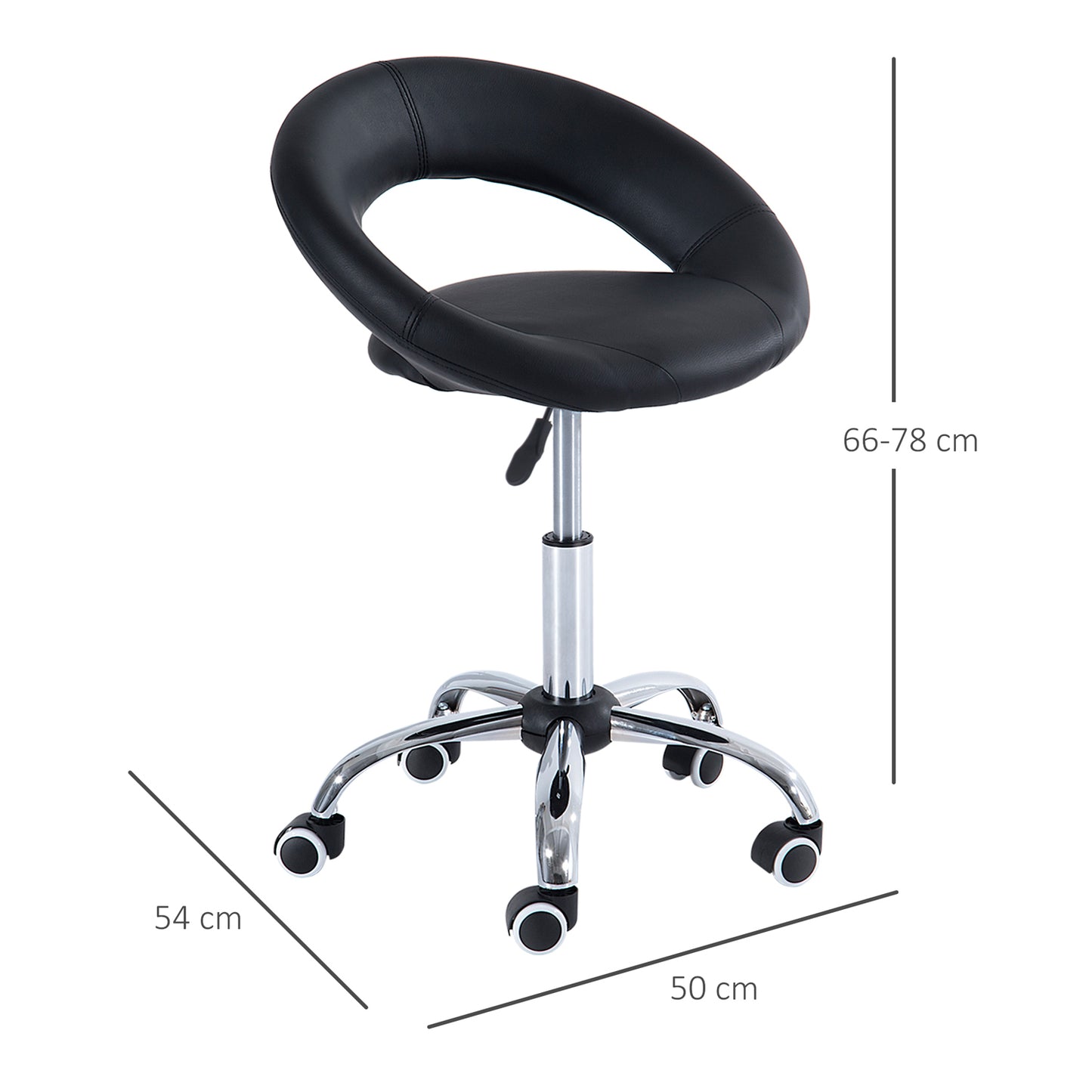 Beauty Stool, with Adjustable Height, Breathable Open Back, Foam Cushion Seat, and 5 Caster Wheels, Black