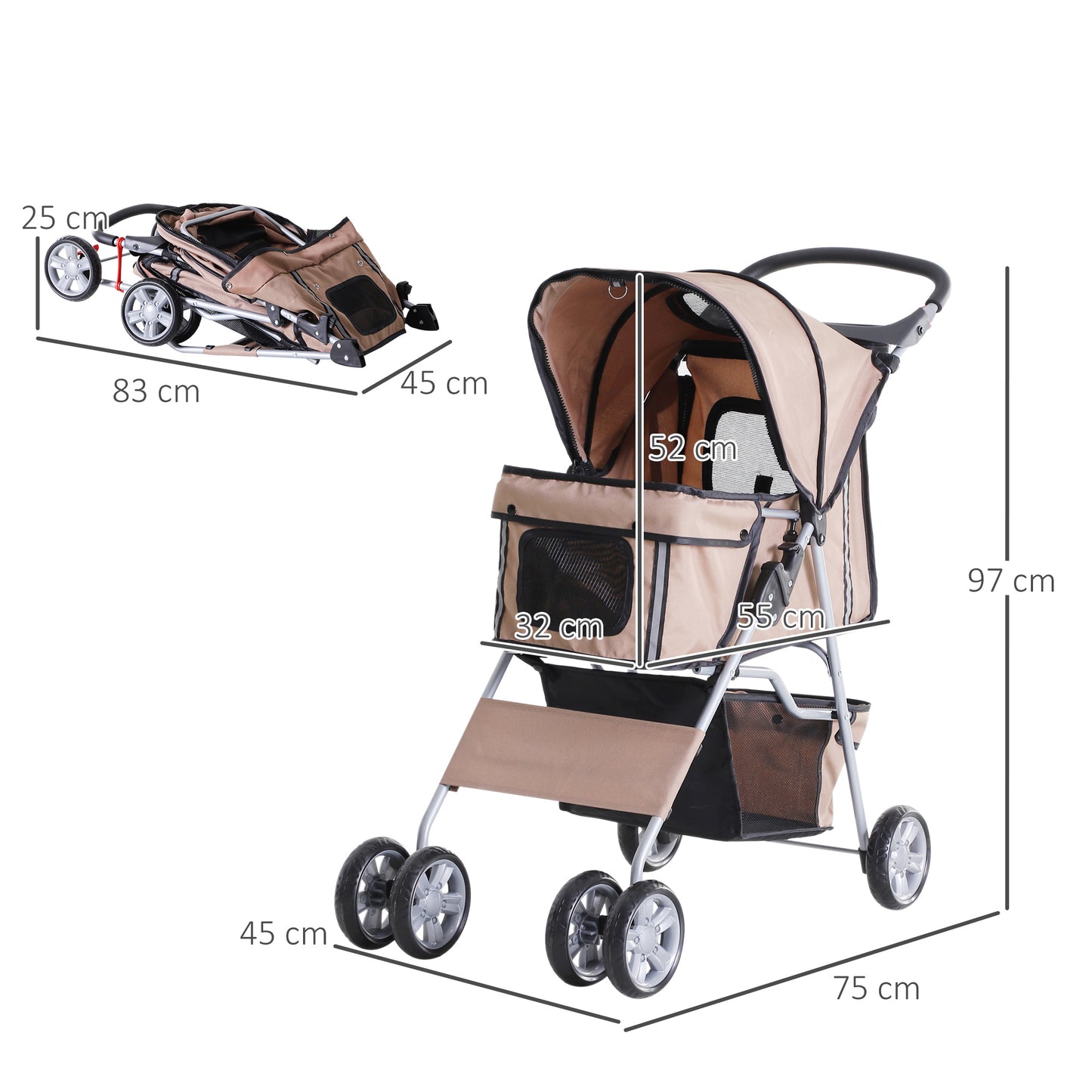 Cat Stroller, Pram, Pushchair, Foldable, Zipper Entry Cup Holder Carrier Cart Wheels-Brown/Silver