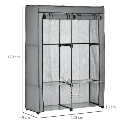 Fabric Wardrobe, Portable Fabric Cabinet, Foldable Coat Rack with 4 Shelves, 2 Hanging Rails, 118 x 49 x 170 cm, Light Grey