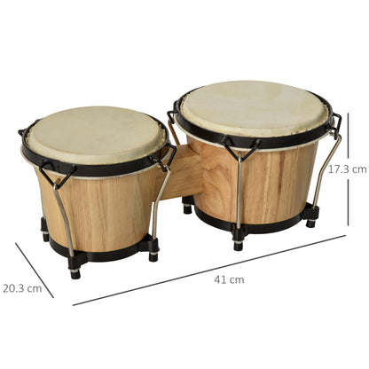 Bongo Drum, Wooden, with Carry Bag Adjusting Wrench for Beginner Natural Finish Gift