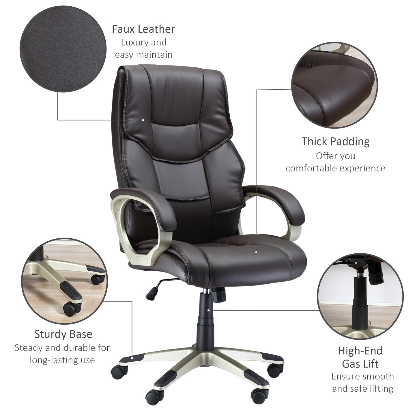 Homcom Office Brown Leather Chair, Height Adjustable, Rocking Function