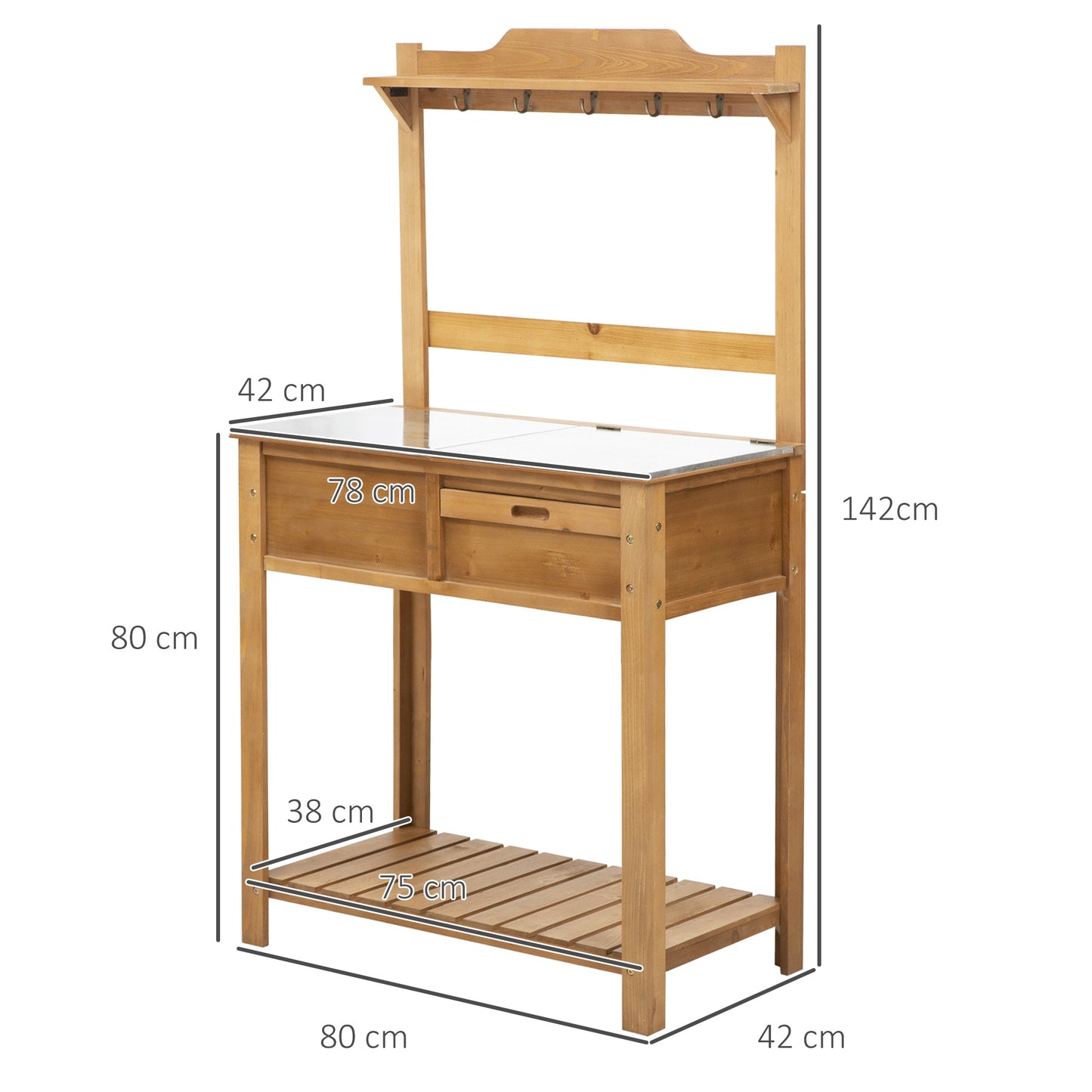 Wooden Spacious Garden Potting Table with Large Storage Space Galvanized Metal Workstation Sink Shelves