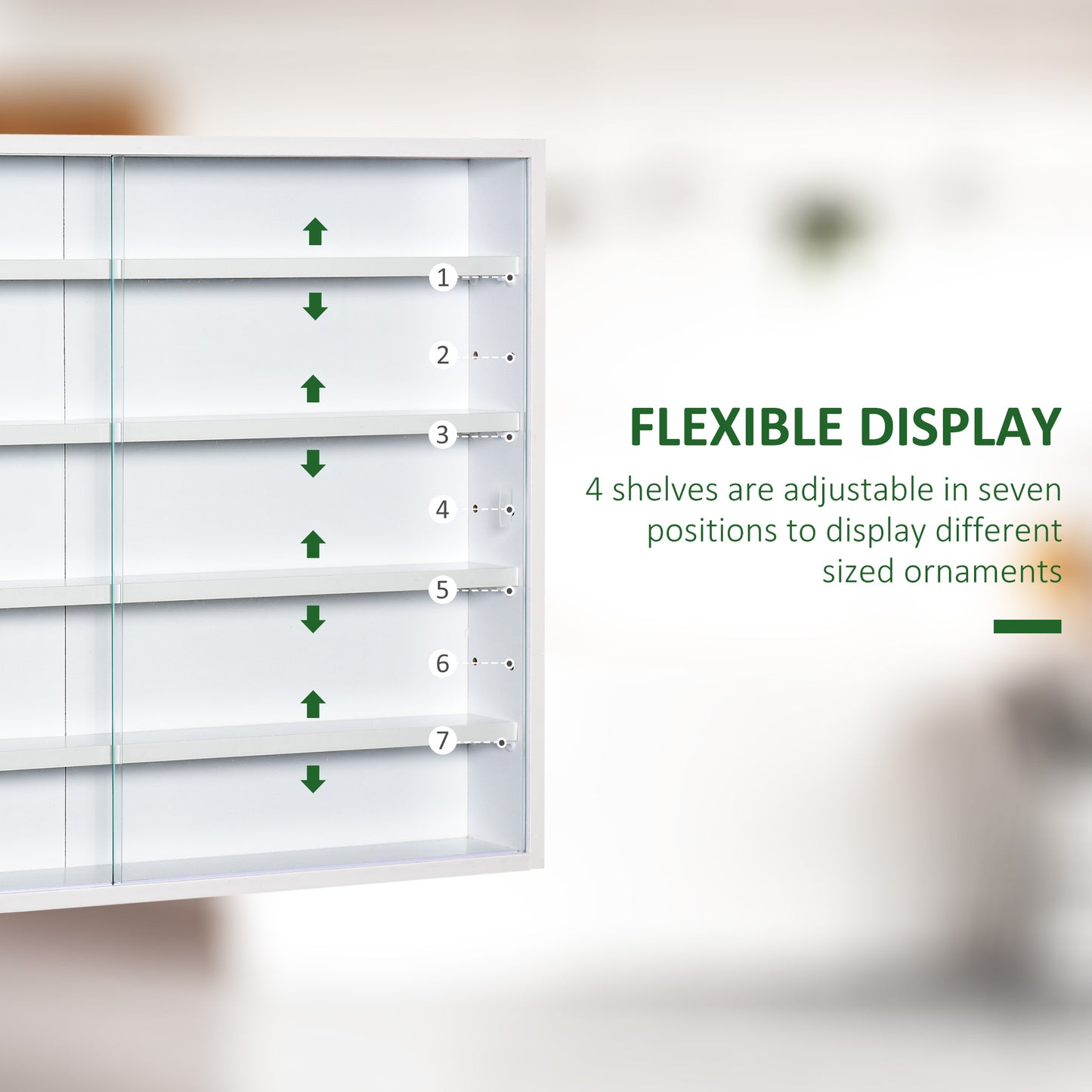 5-Tier Wall Display Shelf Unit Cabinet w/ 4 Adjustable Shelves Glass Doors Home Office Ornaments 60x80cm White