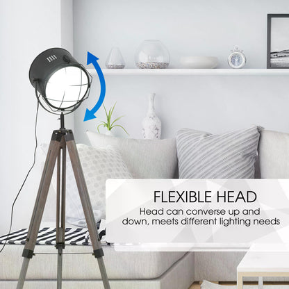 Floor Spotlight, Industrial Tripod Floor Lamp, Pine Wood, Tempered Glass Lens, Non-slip Feet w/Silver U-shaped Bracket, Bedside