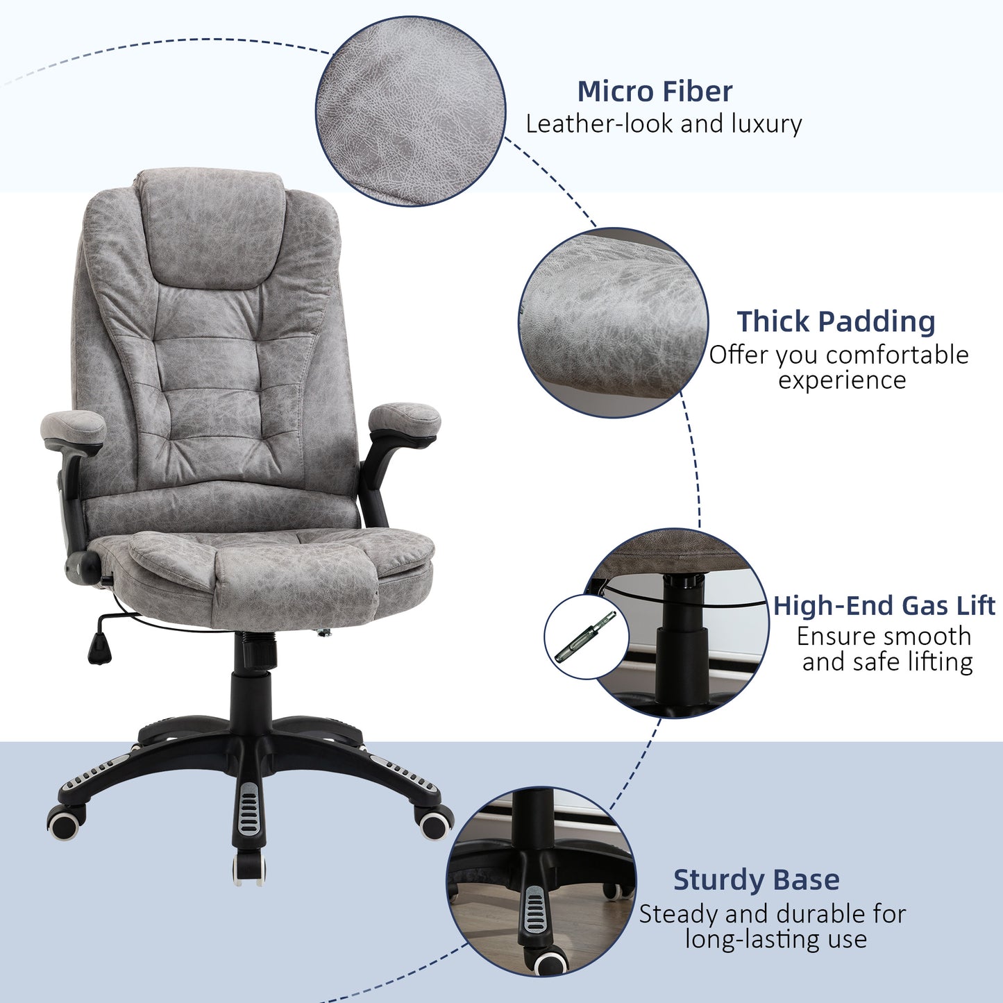 High Back Office Desk Chair, 135° Reclining, with Adjustable Height, Grey