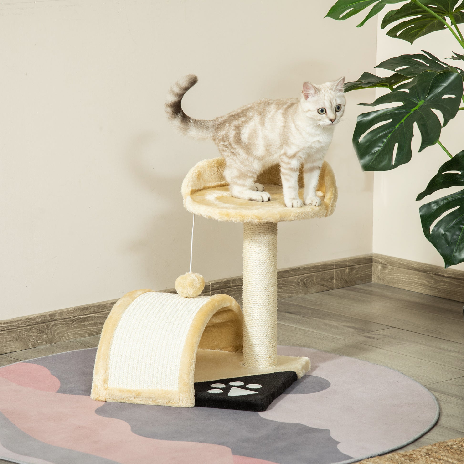 PawHut Cat Tree Scratching Scratcher Post Kitten Activity Centre Climber Hanging Ball Beige