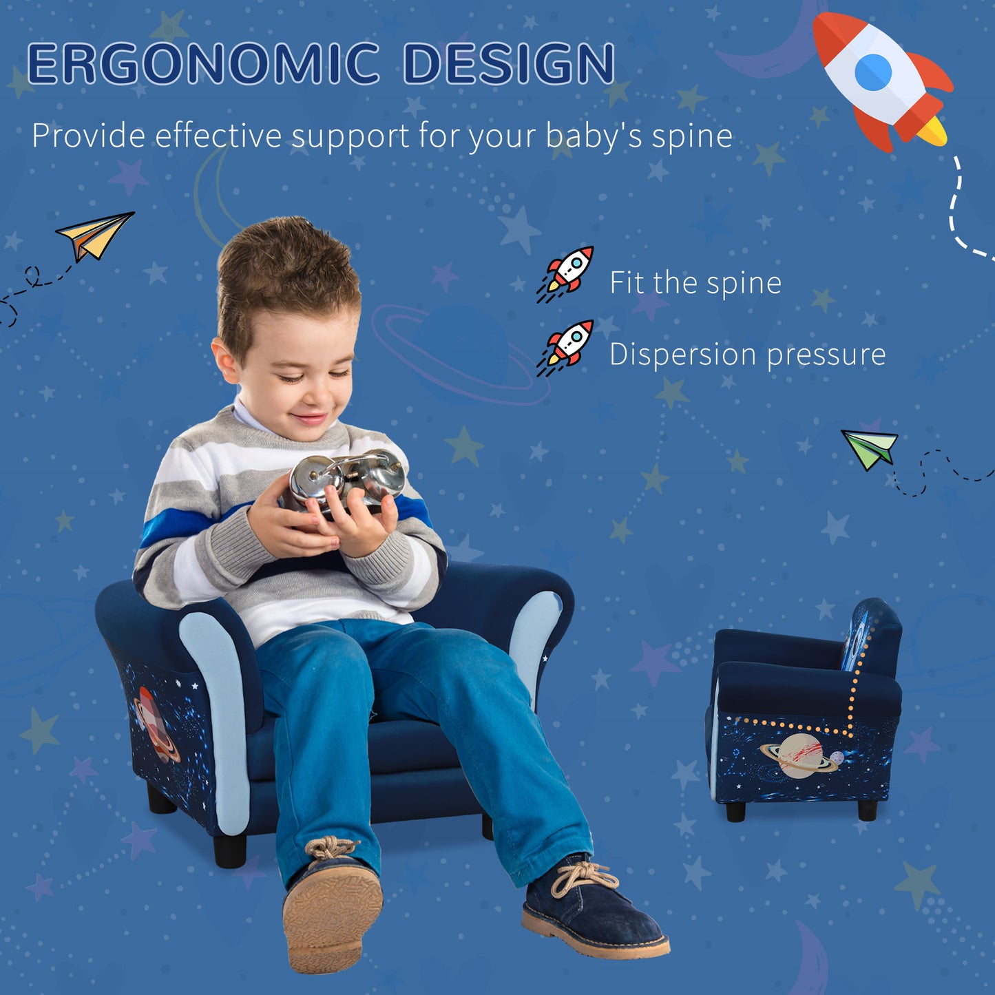 Kids Armchairs Children Sofa Outer-Space Armchair Kids Sofa Polyester Upholstered Space Rocket and Safe Anti Slip Feet