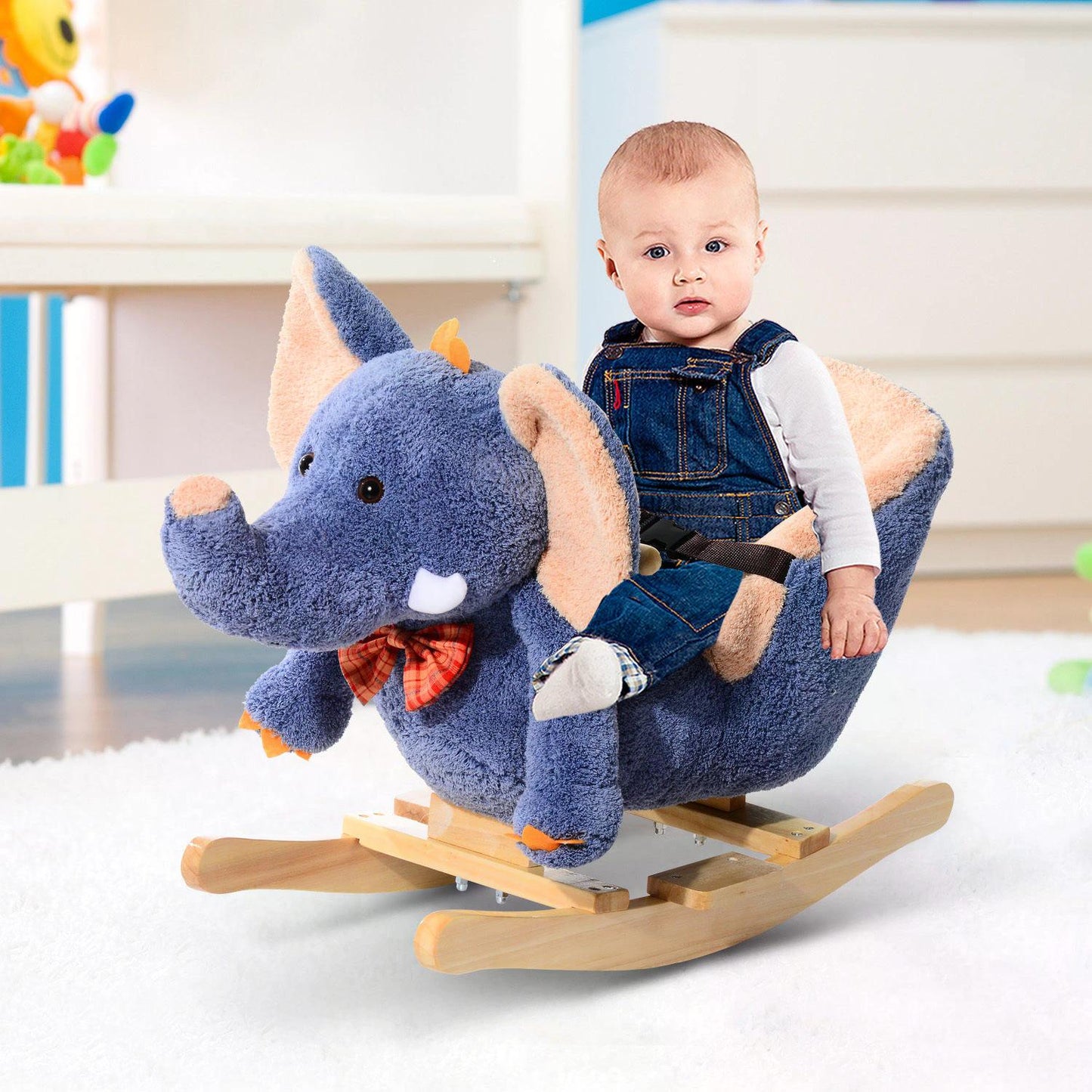 HOMCOM Elephant Rocking, with Sound, Elephant-Blue/Beige 