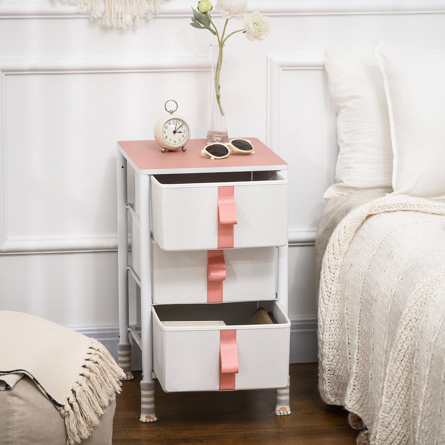 3 Drawer Chest of Drawers, Fabric, Metal Frame and Wooden Top, Storage Cabinet for Kids Room, Living Room, Pink