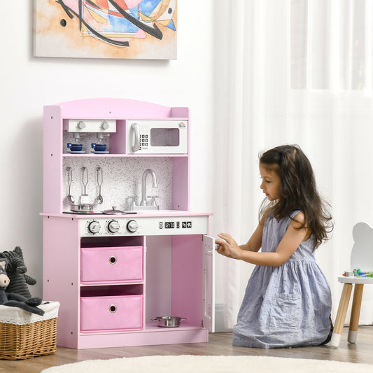 HOMCOM Pink Childrens Kitchen, with Lights and Sound, with Coffee Maker Microwave Sink Utensils Drawers 