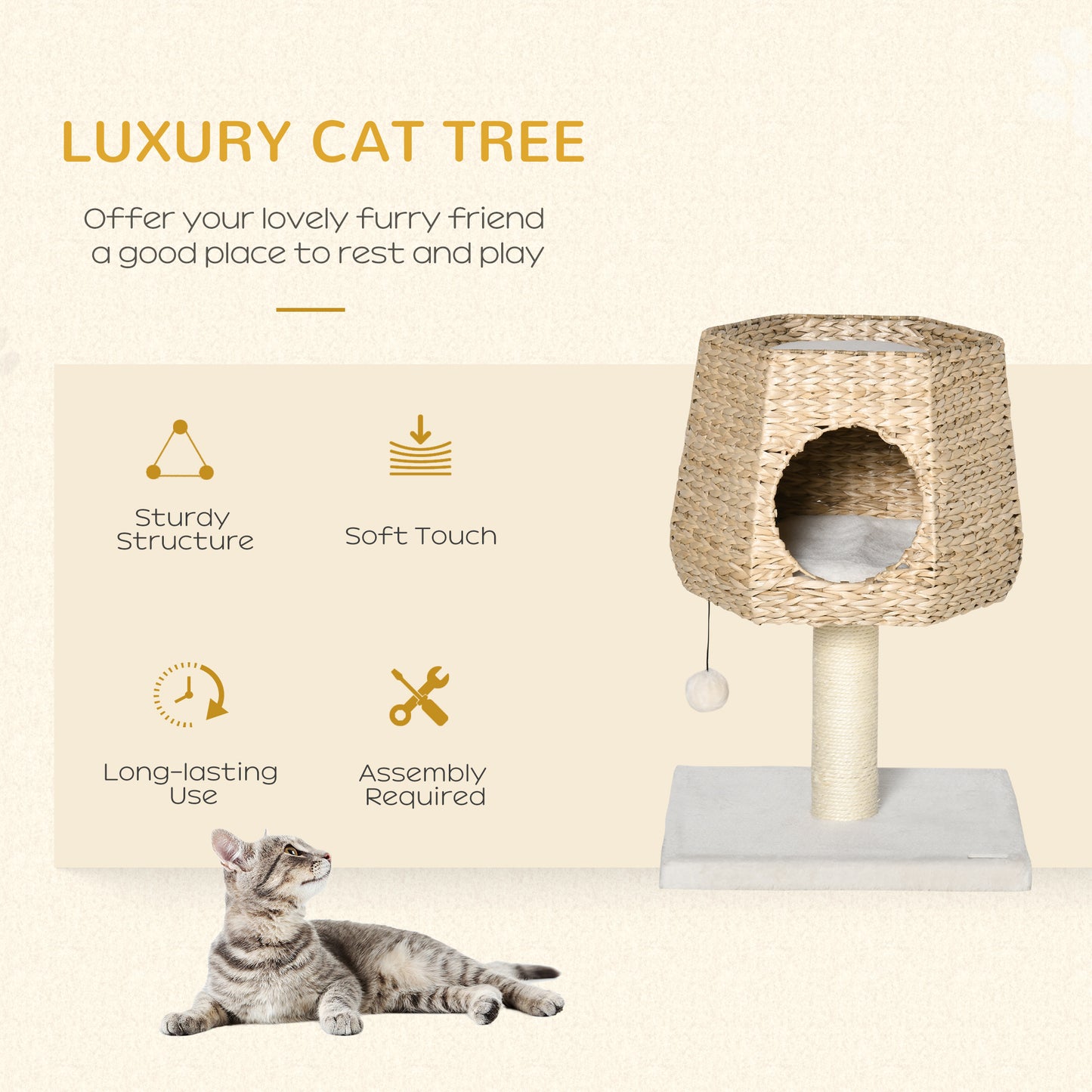 Cat Play Tower, for Kitten, with Scratching Post, Washable Cushion, Hanging Ball, 66cm, Natural