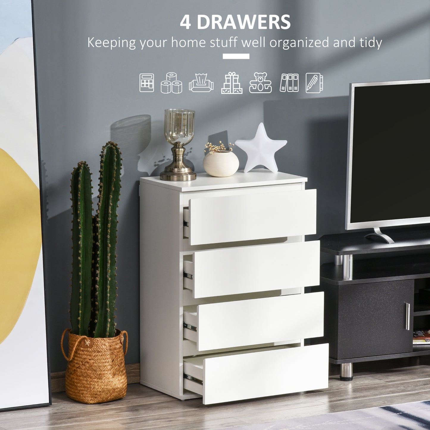 Chest of Drawers, 4 Drawers Storage Cabinet Floor Tower Cupboard for Bedroom Living Room, White