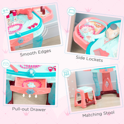 Childrens Vanity Table with Lights, Kids Furniture Vanity & Stool Dressing Table, Blue+Pink