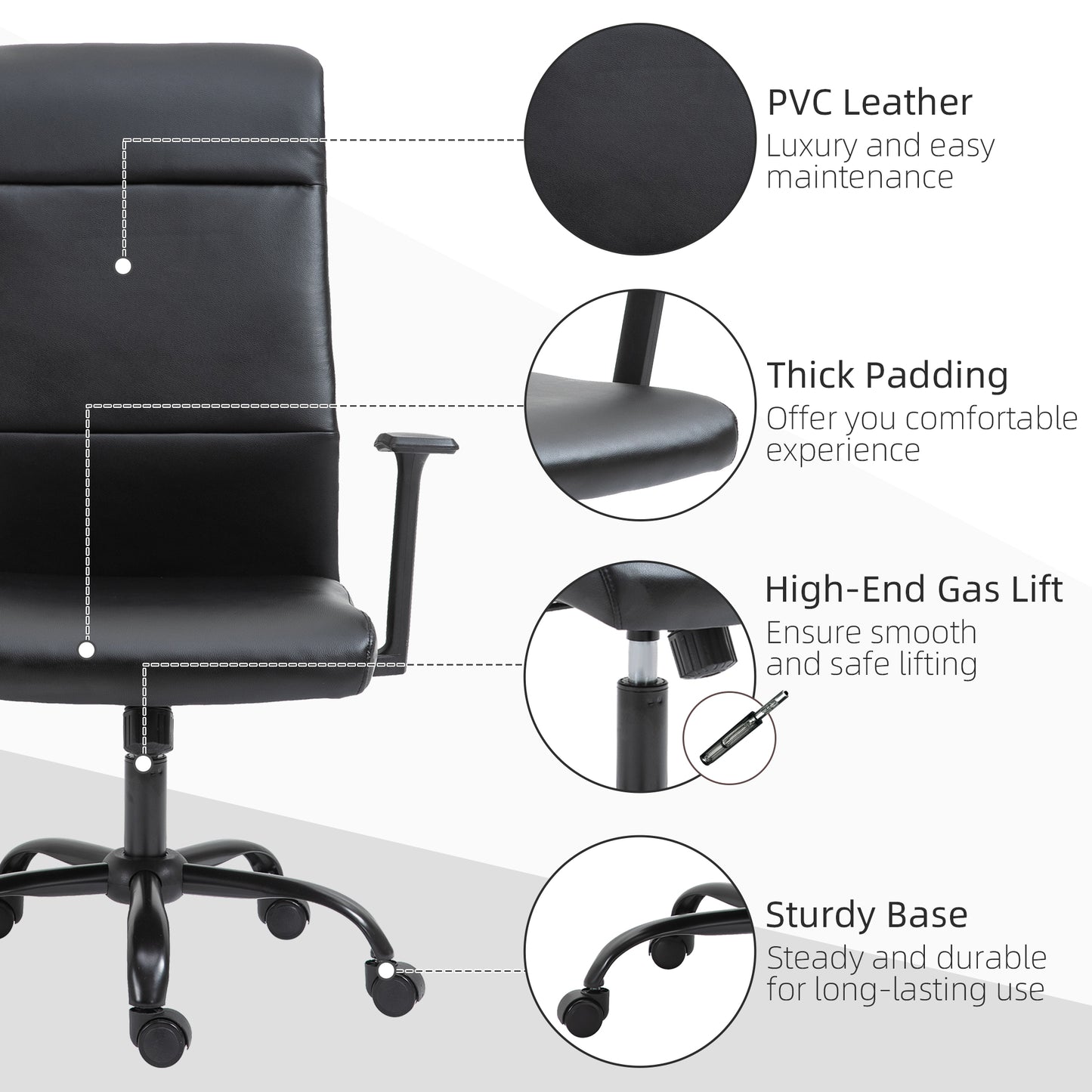 High Back Desk Chair, Black Leather Desk Chair with Adjustable Height, Armrests, Swivel Wheels