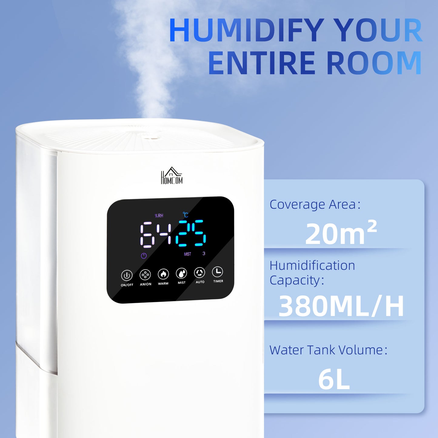 6L Warm Cool Mist Humidifiers for Bedroom, Air Humidifiers with Remote, LED Display, Quiet Operation with Auto Mode, White