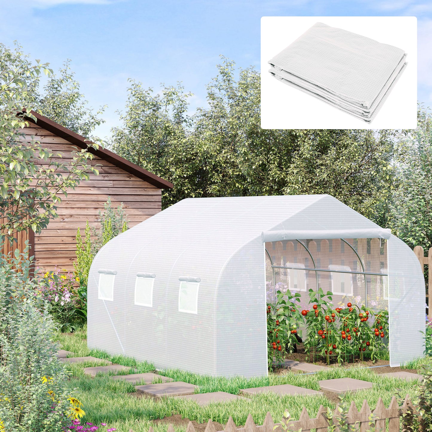 Outsunny Walk In Greenhouse Cover Replacement Reinforced Gardening Plant Growhouse Cover with 6 Roll Up Windows White, COVER ONLY 