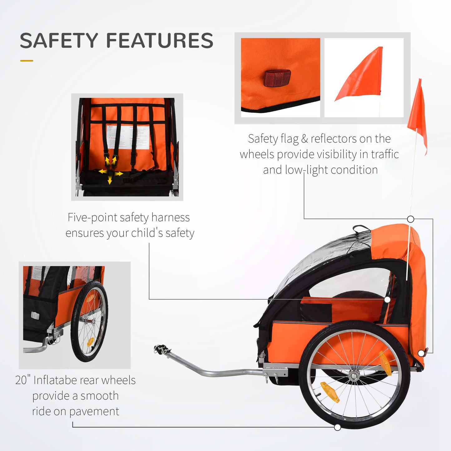 Childrens Double Bike Trailer, Steel Frame, Bicycle Trailer Orange