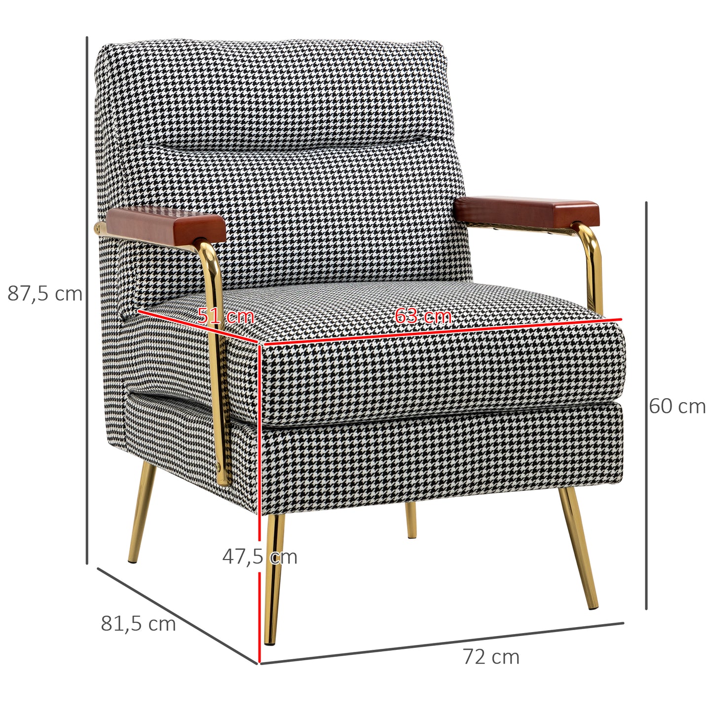 Modern Accent Chair Linen Fabric Armchair with Houndstooth Pattern Gold Steel Legs for Living Room and Bedroom