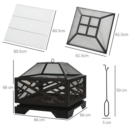 Patio Fire Pit, 66cm 2 in 1 Square Metal Brazier for Garden, with BBQ Grill Shelf & Spark Screen Cover & Poker, Black