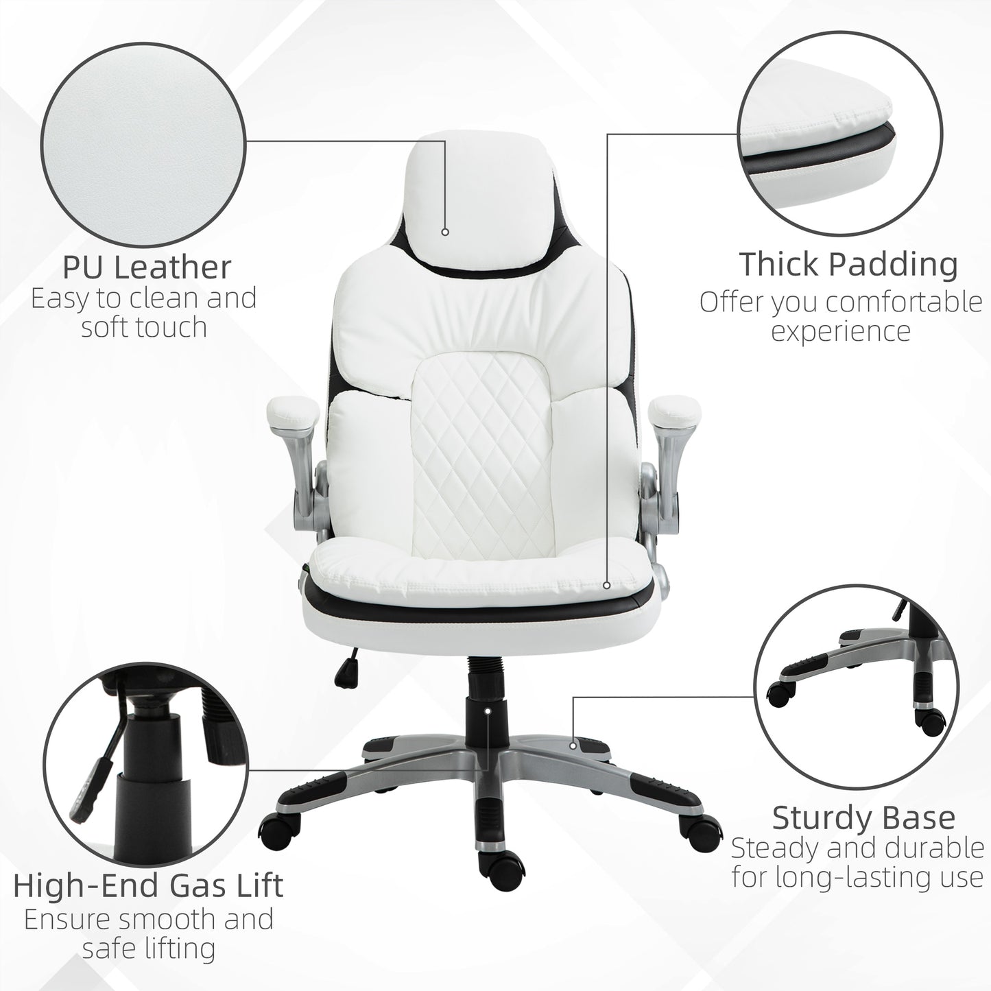 High Back Office Chair 360° Swivel Rocking Height Adjustable with Adjustable Armrest PU Leather White