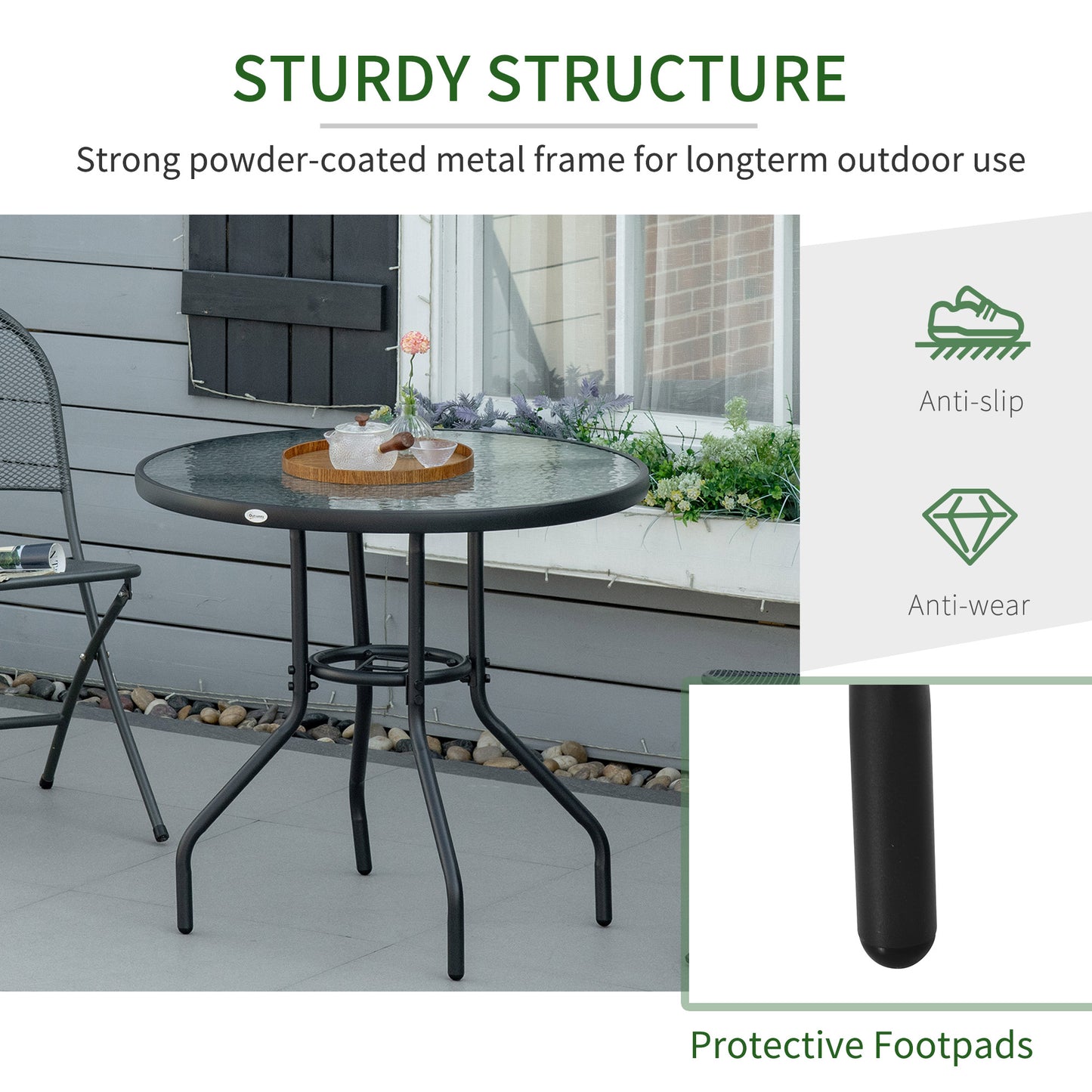 Round Outdoor Dining Table, Tempered Glass Top Steel W/Parasol Hole, D80x72Hcm-Black