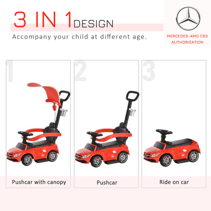 3 in 1 Ride on Push Car Mercedes Benz for Toddlers Stroller Sliding Walking Car with Sun Canopy