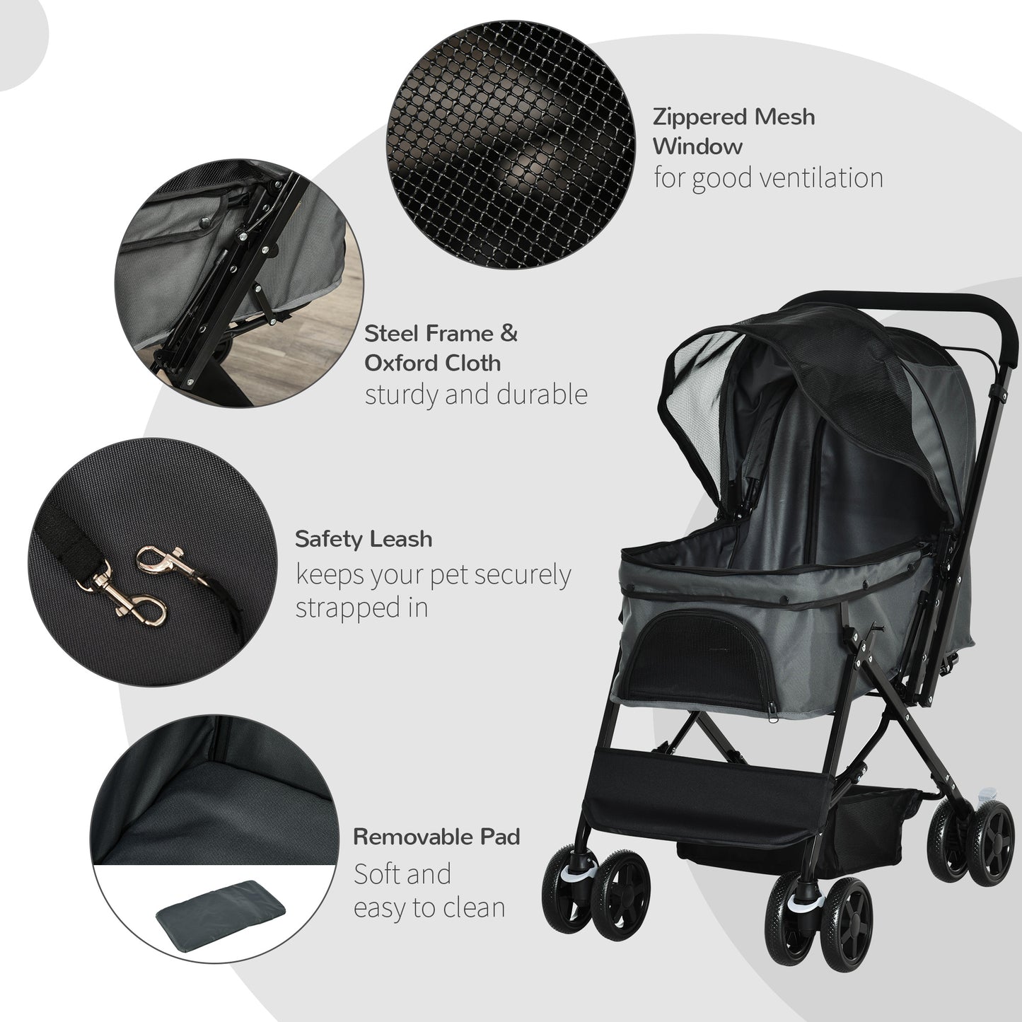 Cat Stroller Pram Pushchair, Foldable w/ Reversible Handle EVA Wheel Brake Basket Adjustable Canopy Safety Leash Grey