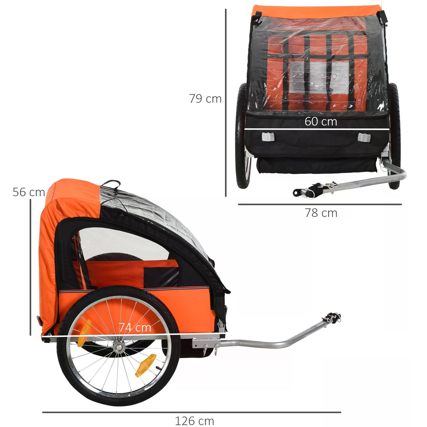 Childrens Double Bike Trailer, Steel Frame, Bicycle Trailer Orange