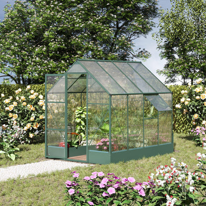 Outsunny Walk-in Greenhouse Polycarbonate Outdoor Plant Garden, Temperature Controlled Window, with Foundation, 6.2x7.2ft 