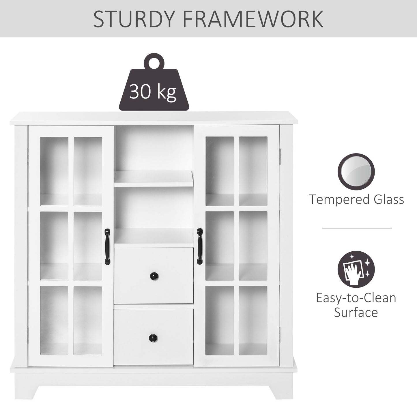 Modern Kitchen Sideboard Storage Cabinet with 2 Drawer and Glass Doors for Dining Room, Living Room