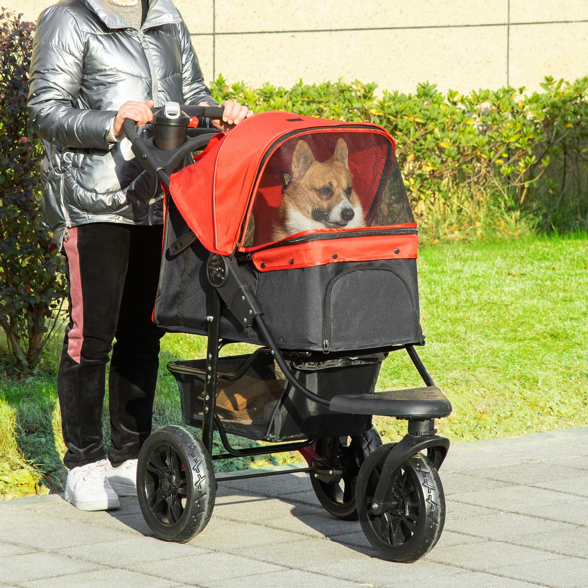 PawHut Folding Pet Stroller 3 Wheel Dog Jogger Travel Carrier Adjustable Canopy Storage Brake Mesh Window for Small Medium Dog Cat Red 