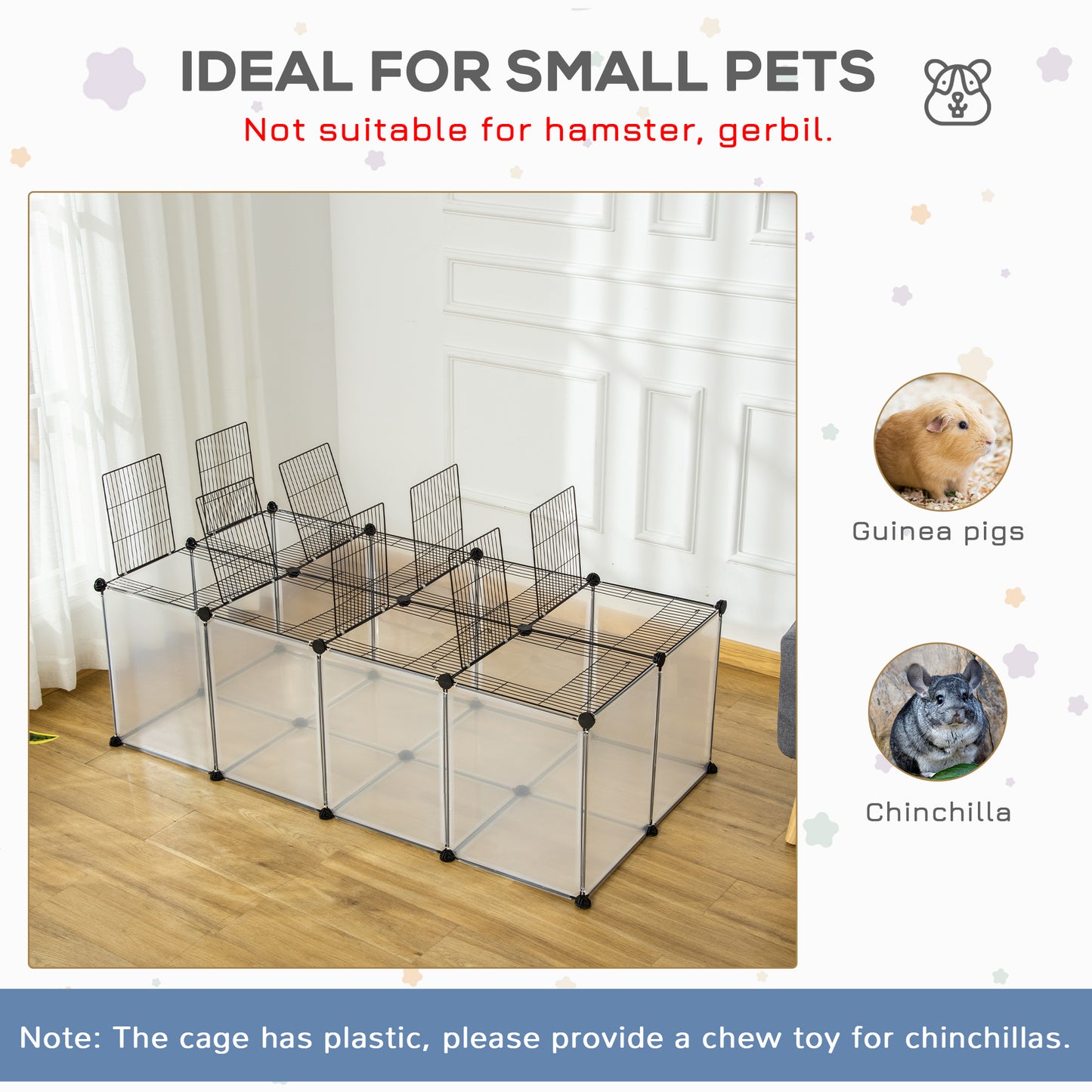 DIY Pet Playpen w/ Door Bottom 28 Panels Small Animal Cage for Guinea Pigs Rabbit Chinchilla Hamsters Transparent