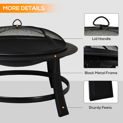 Metal Large Firepit Bowl Outdoor Round Fire Pit w/ Lid, Log Grate, Poker for Backyard, Camping, BBQ, Wood Burning Stove, Black