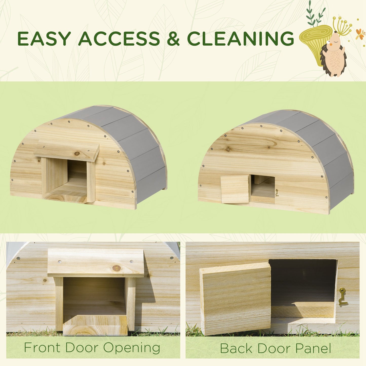 Hedgehog Home, Wooden, Small Animal Shelter Hibernation Home, with 2 Doors, for Garden, 40 x 30.2 x 23.5 cm, Natural