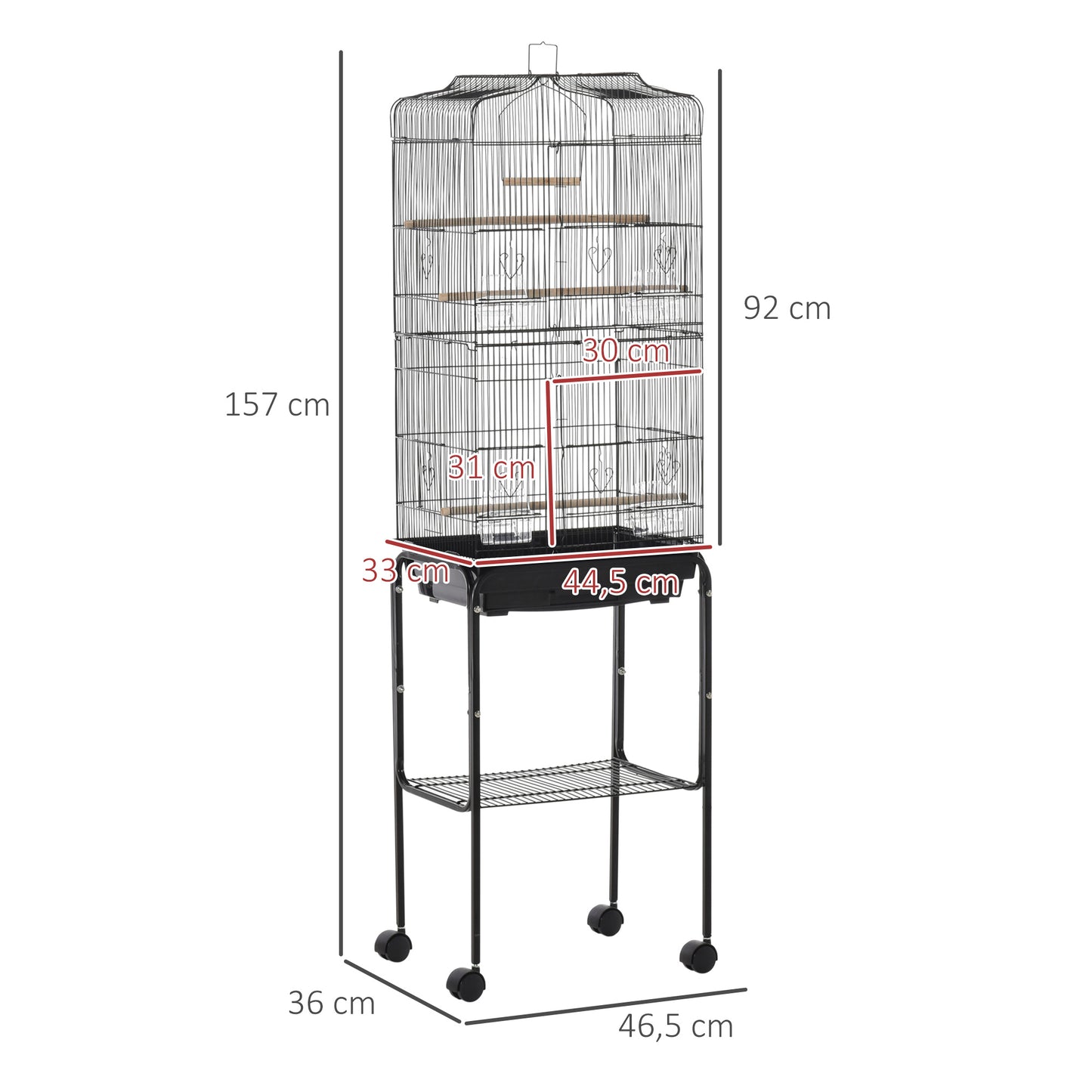 Bird Cage Budgie Cages for Finch Canary Parakeet w/ Stand Wheels Slide-out Tray Storage Shelf Black 36 x 46.5 x 157 cm