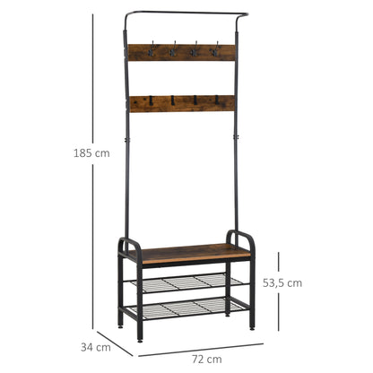 Hallway Organiser Unit Industrial Vintage Hanger for Coats Bags Shoes Freestanding Metal Frame w/ 8 Hook 2 Shelves