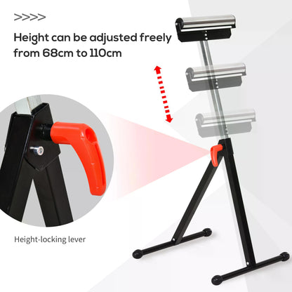 Folding Roller Stand, Material Support Pedestal with Ball Bearing Roller Height Adjustable Portable, Metal Construction, Black