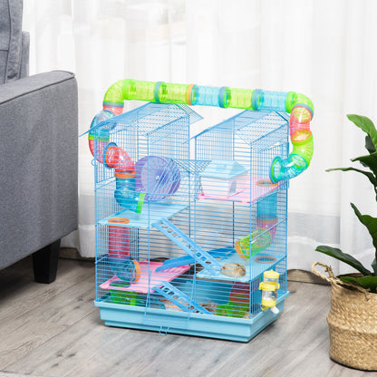 PawHut Hamster Metal 5-Tier Cage w/ Tunnels Multiple Platforms Blue 