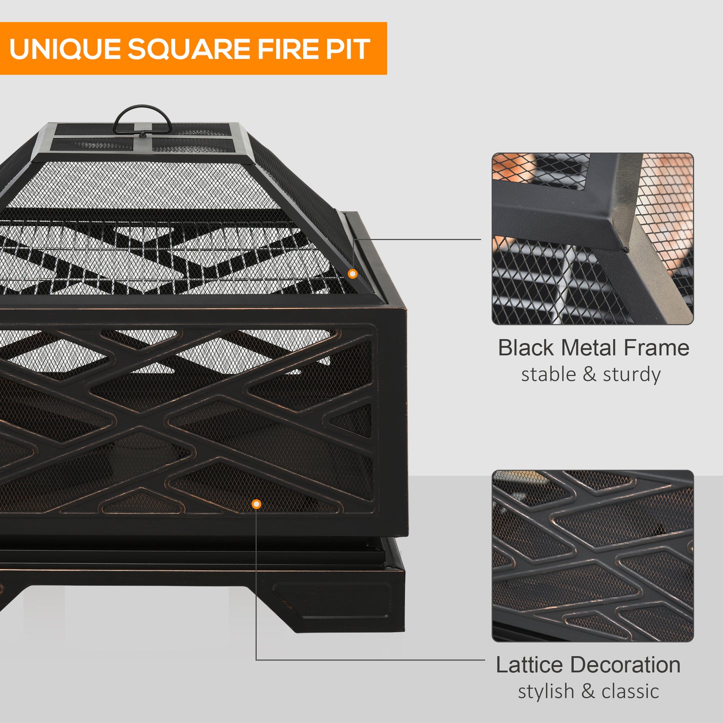 Patio Fire Pit, 66cm 2 in 1 Square Metal Brazier for Garden, with BBQ Grill Shelf & Spark Screen Cover & Poker, Black