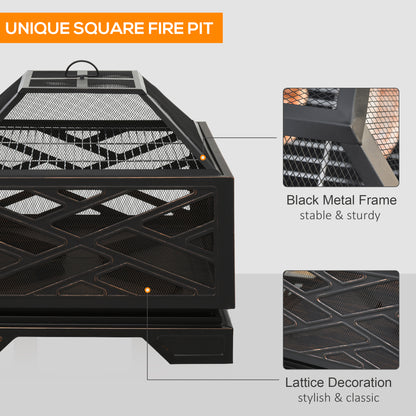 Patio Fire Pit, 66cm 2 in 1 Square Metal Brazier for Garden, with BBQ Grill Shelf & Spark Screen Cover & Poker, Black