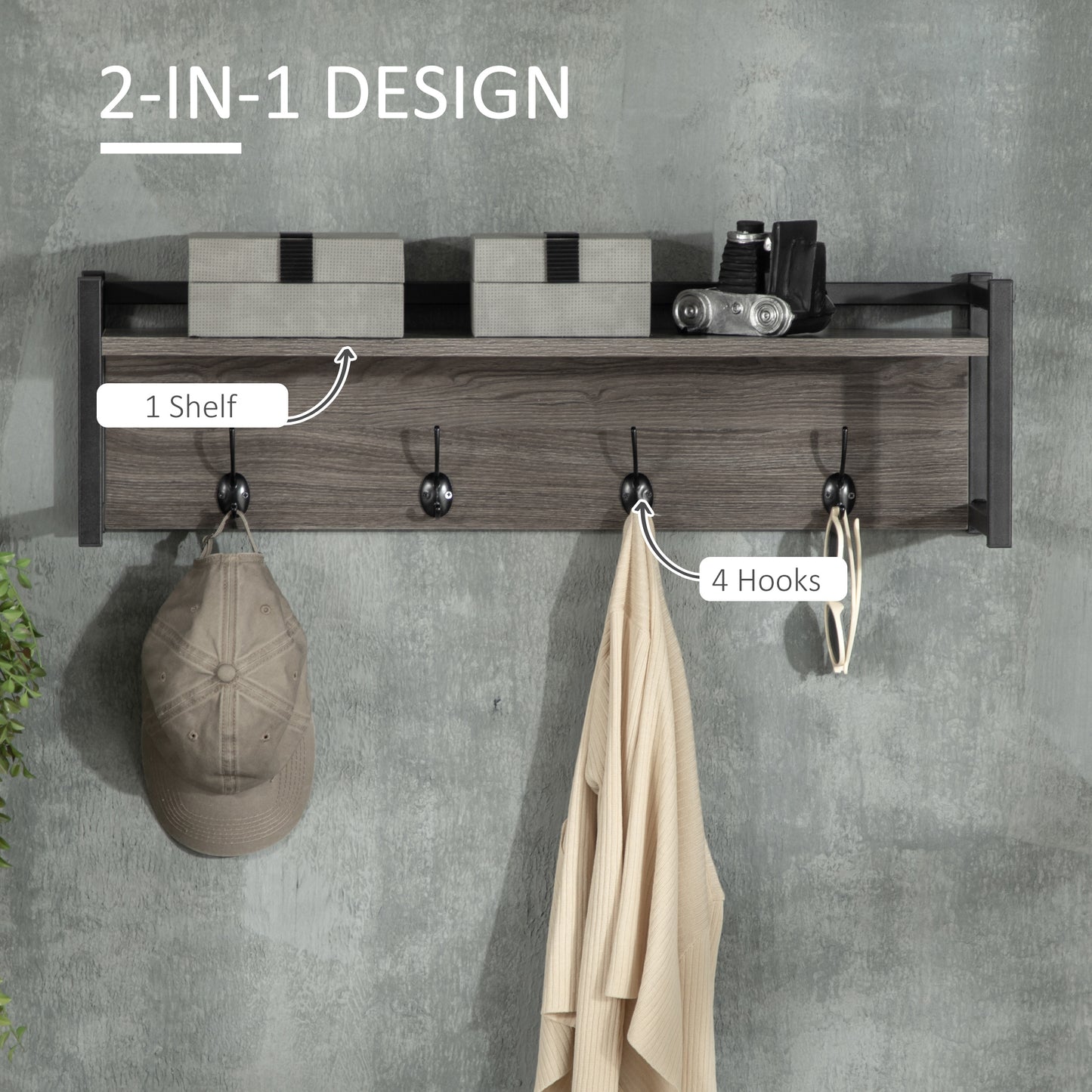 Wall Coat Rack with Shelf, with 4 Coat Hooks and Open Storage Shelf, Versatile Floating Hanging Grey