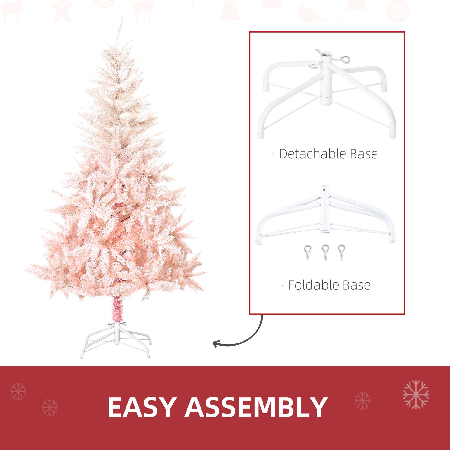 Pink Christmas Tree, 5ft Artificial Christmas Tree, Holiday Home Decoration with Metal Stand, Automatic Open, White and Pink