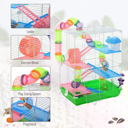 Hamster Cage Carrier 5 Tier Habitat Small Animal House w/Exercise Wheels Tunnel Tube Water Bottle House