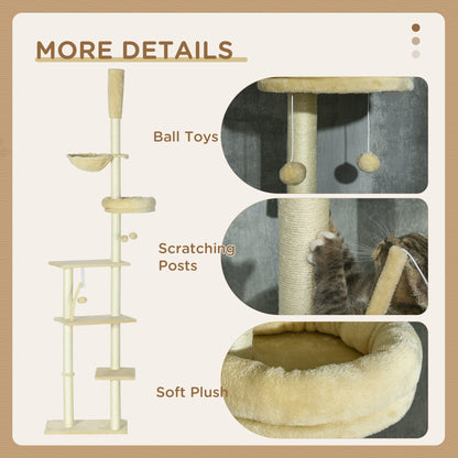 Floor to Ceiling Cat Tree, 90.5" - 98.5" Adjustable Height, Cat Climbing Tower with Carpeted Platforms, Scratching Posts, Beige