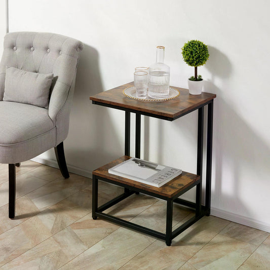 HOMCOM Side Table, Doule Layer End Table, Modern Coffee Table with Steel Frame and Adjustable Non-Slip Feet Rustic Brown 