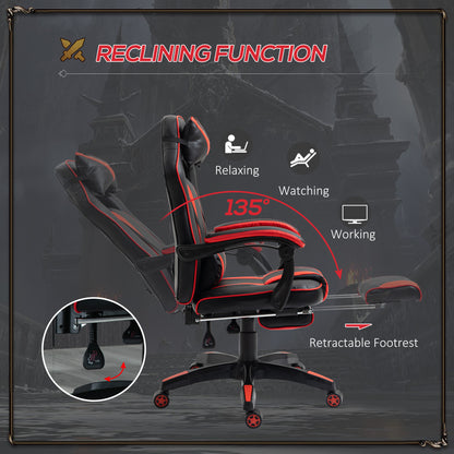 Reclining Gaming Chair with Footrest, Ergonomic, PU Leather Executive Swivel Chair with Headrest, Red and Black