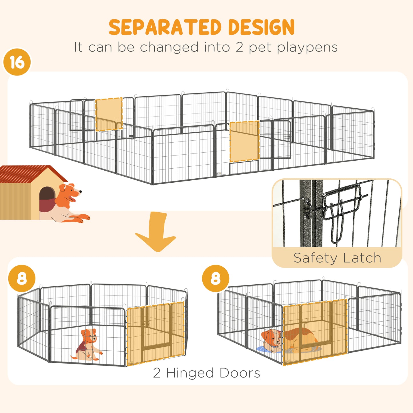 Heavy Duty Dog Pen with 2 Doors, 16 Panels Dog Playpen, Portable Puppy Pen for Indoors, Outdoors, 60H cm