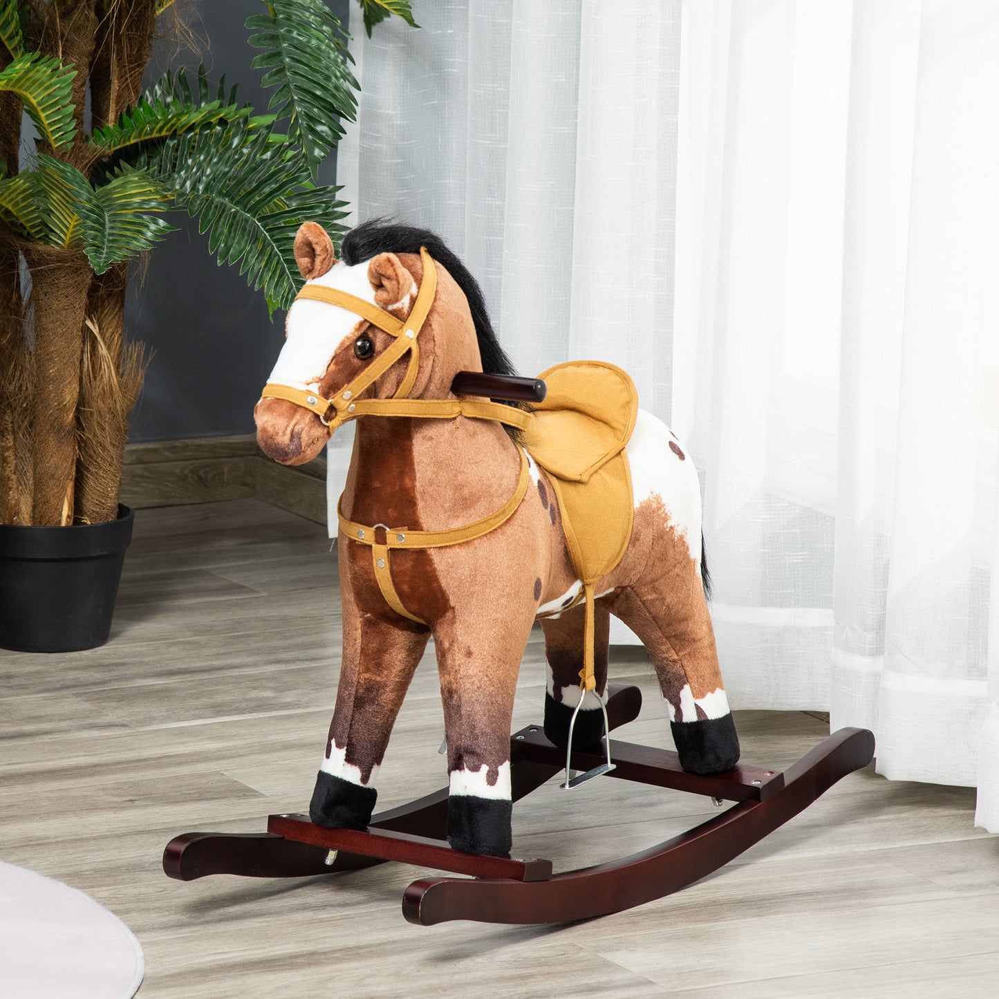 HOMCOM Children Plush Rocking Horse W/Sound-Dark Brown 